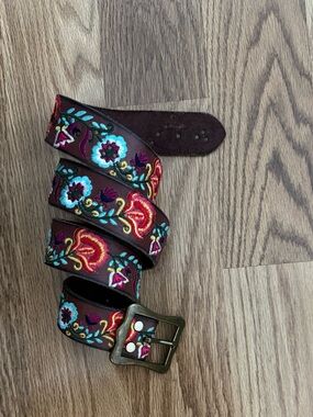 Lucky Brand Brown Leather Belt with Multicolor Floral Embroidery